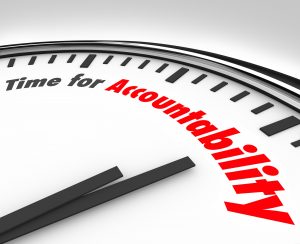 Time for Accountability words on a clock face showing importance of taking responsibility for your actions or work